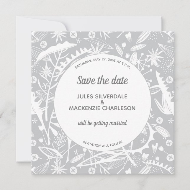 Botanical Silver Grey Pattern Save the Date Invitation (Front)