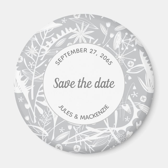 Botanical Silver Grey Pattern Save the Date Magnet (Front)
