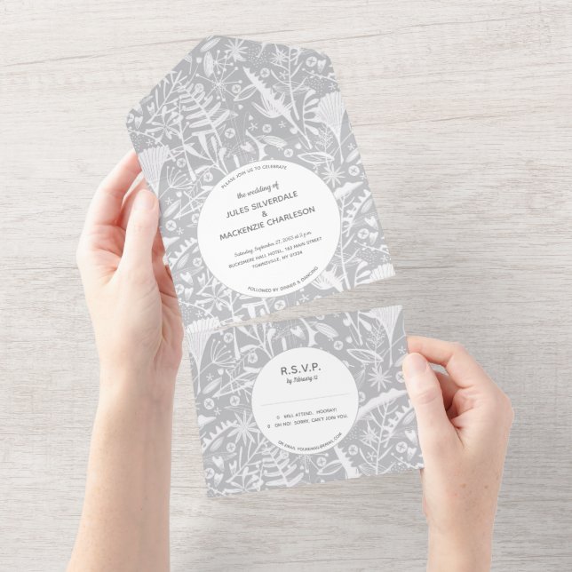 Botanical Silver Grey Pattern Wedding All In One Invitation (Tearaway)