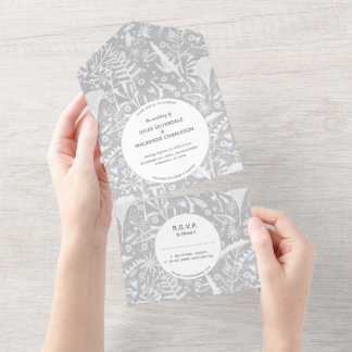 Botanical Silver Grey Pattern Wedding All In One Invitation