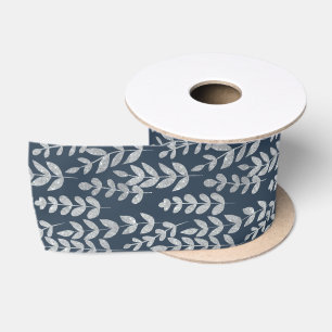 Botanical Silver Leaves Vines Navy Blue Wall Satin Ribbon