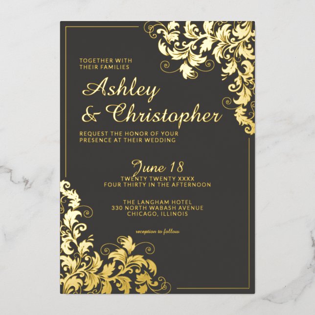 Botanical Slate Grey Corner Photo Wedding Gold (Front)