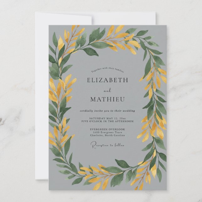 Botanical Slate Mustard Leaf Wedding Invitation (Front)