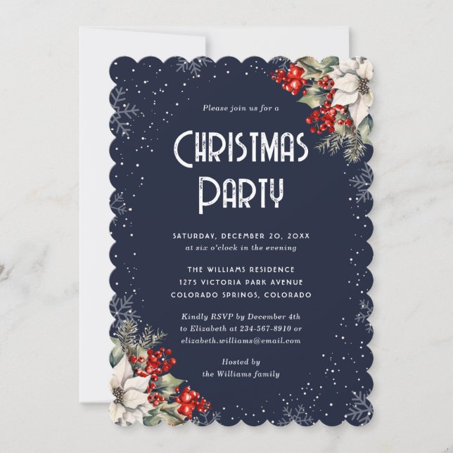Botanical Snowflake Blue Christmas Party Invitation (Front)