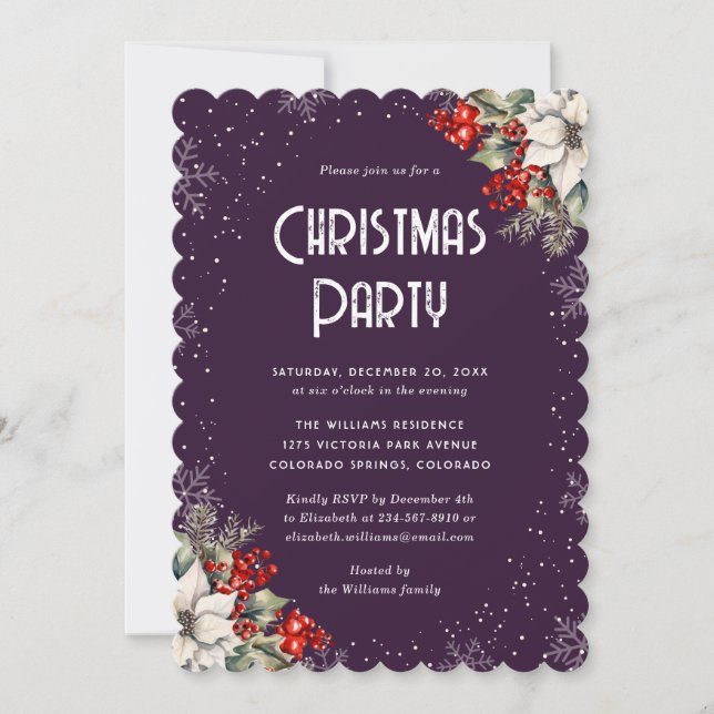 Botanical Snowflake Purple Christmas Party Invitation (Front)