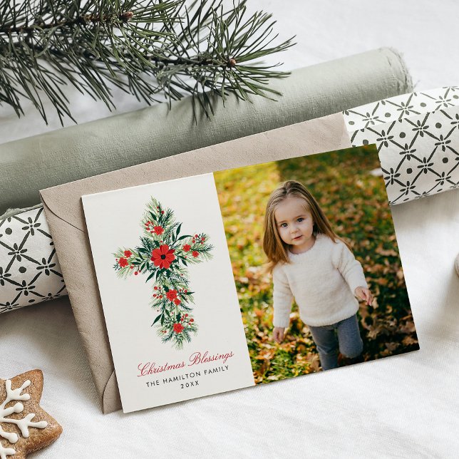 Botanical Sprigs Christmas Cross Religious Photo Holiday Card (Creator Uploaded)