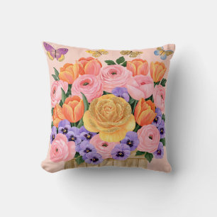 Botanical Spring Flower Bouquet Butterflies Cushion