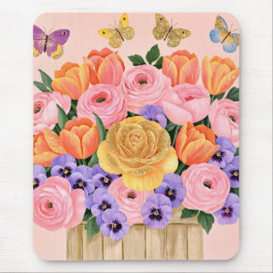 Botanical Spring Flower Bouquet Butterflies Mouse Mat