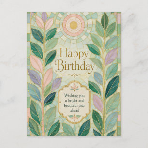 Botanical Stained Glass Birthday Glow Postcard