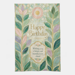 Botanical Stained Glass Birthday Glow Tea Towel