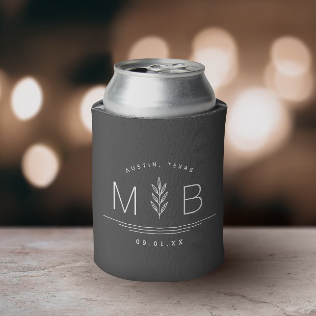 Botanical Stem Wedding Monogram  | Charcoal Can Cooler (Creator Uploaded)