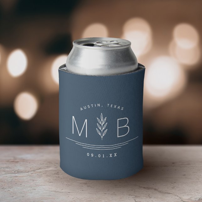 Botanical Stem Wedding Monogram | Lake Blue Can Cooler (Creator Uploaded)