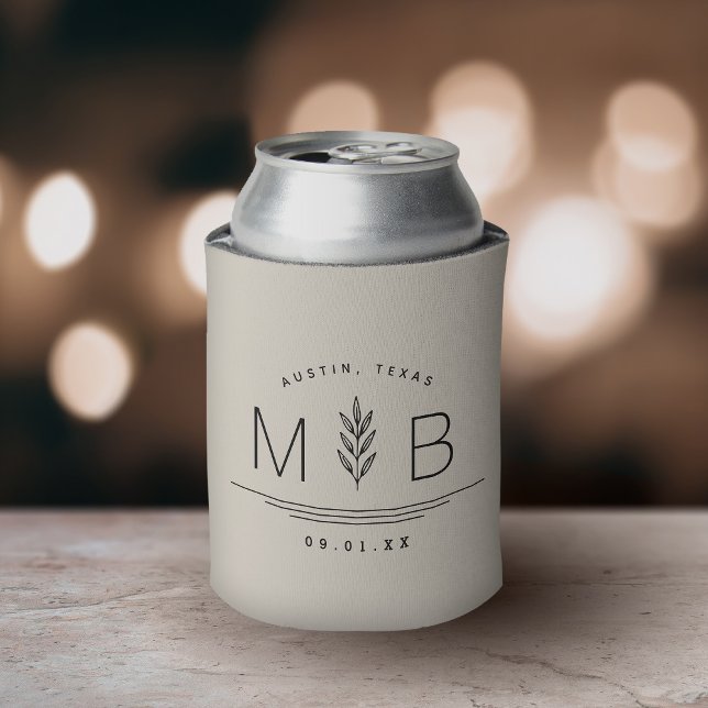 Botanical Stem Wedding Monogram | Light Beige Can Cooler (Creator Uploaded)