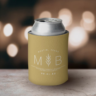 Botanical Stem Wedding Monogram Mustard Yellow Can Cooler
