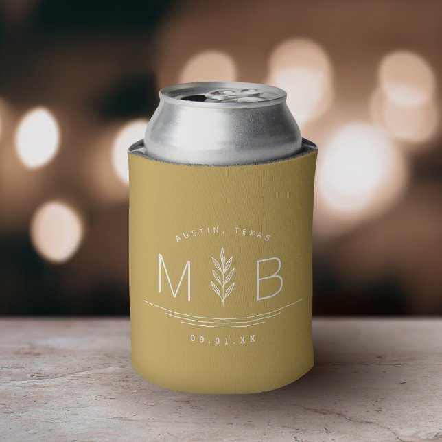 Botanical Stem Wedding Monogram | Mustard Yellow Can Cooler (Creator Uploaded)