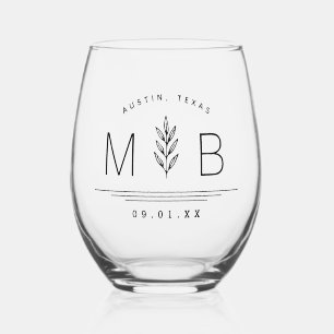 Botanical Stem Wedding Monogram Stemless Wine Glass