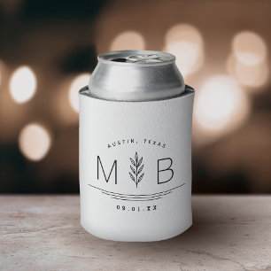 Botanical Stem Wedding Monogram White Can Cooler