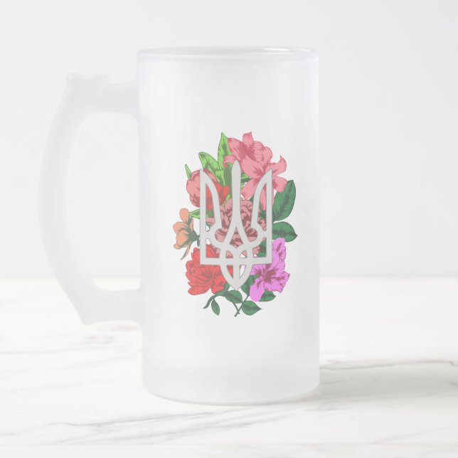Botanical still and Ukrainian trident tryzub Frosted Glass Beer Mug (Left)