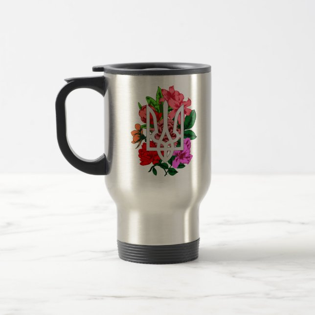 Botanical still and Ukrainian trident tryzub Travel Mug (Left)