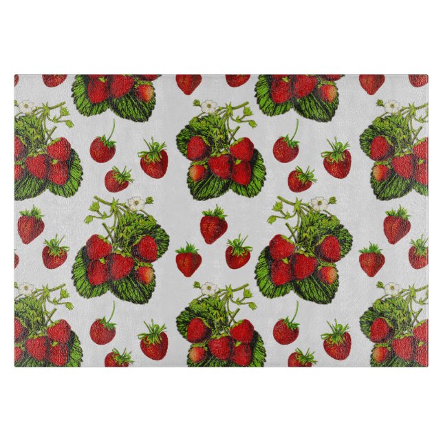 Botanical Strawberry Illustration Print on White  Cutting Board (Front)