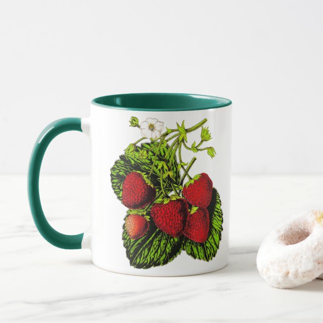 Botanical Strawberry Illustration Print on White  Mug (With Donut)