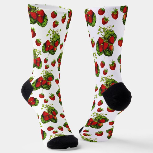 Botanical Strawberry Illustration Print on White  Socks (Angled)