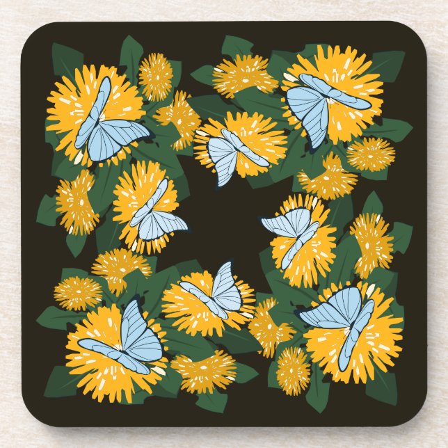Botanical Stylised Yellow Dandelion Butterflies Coaster (Front)
