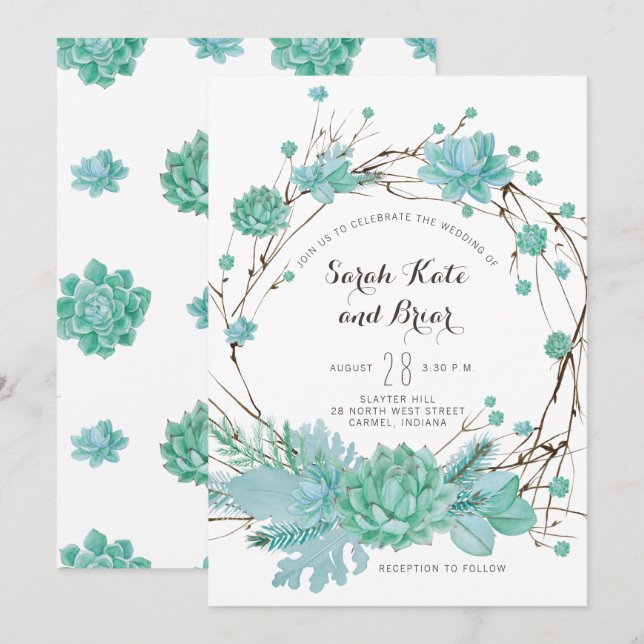 Botanical Succulent Green Wedding Invitation (Front/Back)