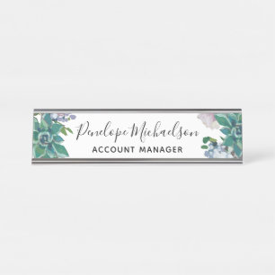 Botanical Succulent with Floral, Name, and Title Desk Name Plate