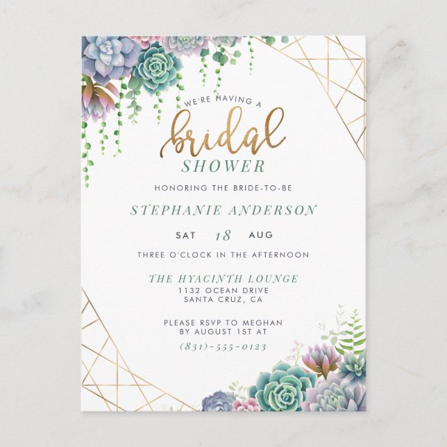 Botanical Succulents & Gold Script Bridal Shower Invitation Postcard (Front)