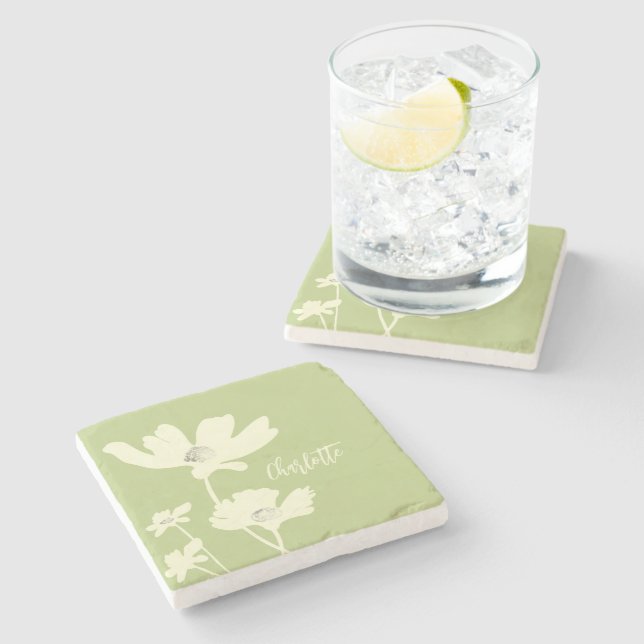 Botanical Summer Cosmos Flowers Silhouettes  Stone Coaster (Side)