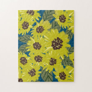 Botanical Sunflower Art Yellow Blue Jigsaw Puzzle