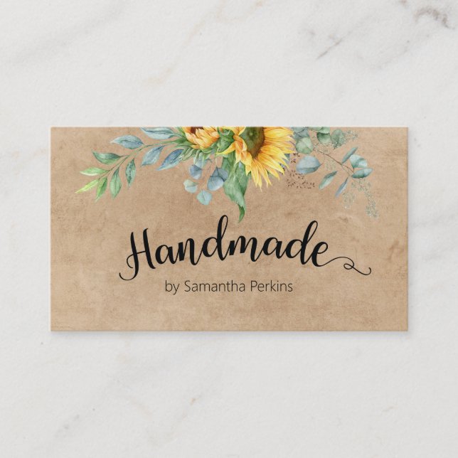 Botanical Sunflower Calligraphy Rustic Handmade Business Card (Front)