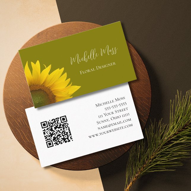 Botanical Sunflower QR code Boho Olive Green Business Card (Creator Uploaded)