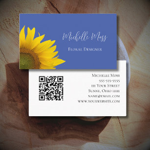 Botanical Sunflower QR code Whimsical Blue  Business Card