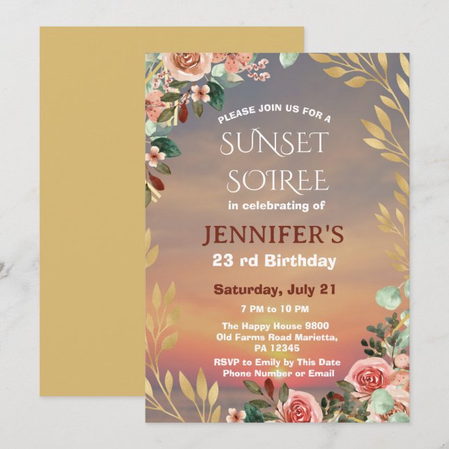 Botanical Sunset Soiree Birthday Party Celebration Invitation (Front/Back)