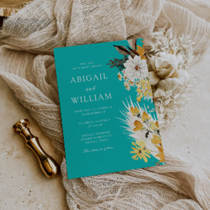 Botanical Sunshine Garden Florals Teal Wedding Invitation