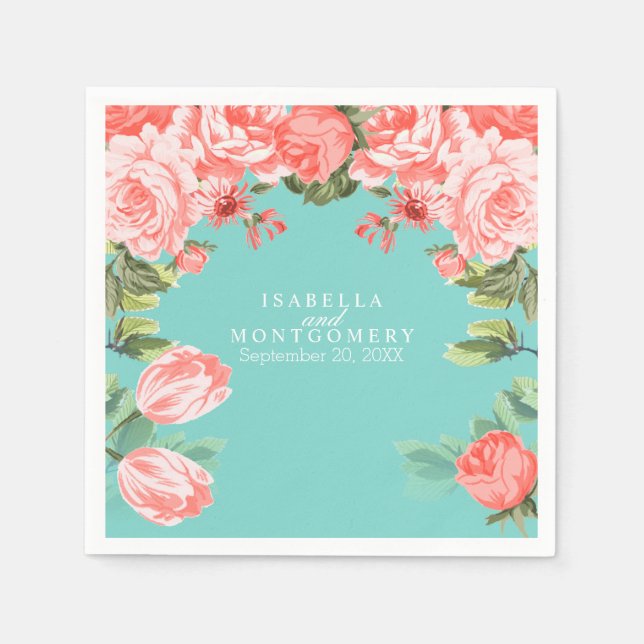 Botanical Teal and Coral Flower Napkin (Front)