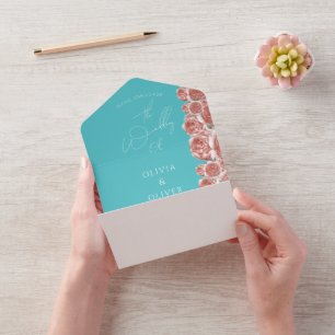Botanical teal and coral wedding all in one invitation