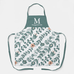 Botanical Teal Floral Pattern Name Monogram Apron