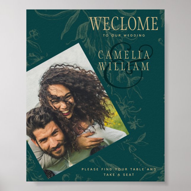BOTANICAL TEAL GOLD PHOTO Wedding WELCOME Poster (Front)