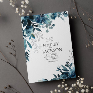 Botanical teal indigo watercolor floral wedding invitation