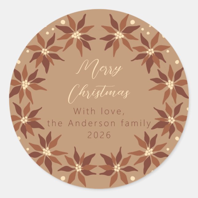 Botanical terracotta Christmas family name Classic Round Sticker (Front)
