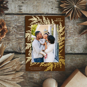 Botanical Thanksgiving Photo Brown Gold Foil Holiday Card