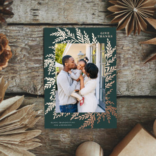 Botanical Thanksgiving Photo Green Rose Gold       Foil Holiday Card