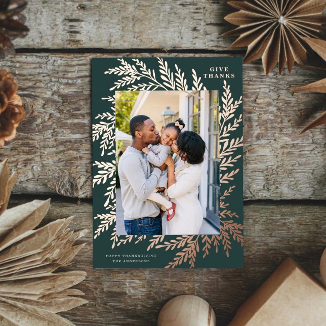 Botanical Thanksgiving Photo Green Rose Gold       Foil Holiday Card (Creator Uploaded)