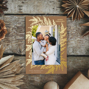 Botanical Thanksgiving Photo Wheat Gold Foil Holiday Card