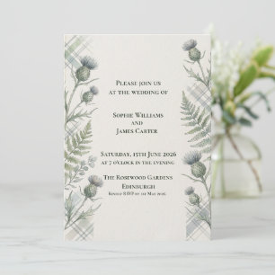 Botanical Thistle Fern Grey Tartan Scottish Weddin Invitation