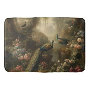 Botanical: three peacocks in English garden Bath Mat