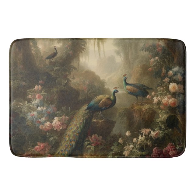 Botanical: three peacocks in English garden  Bath Mat (Front)
